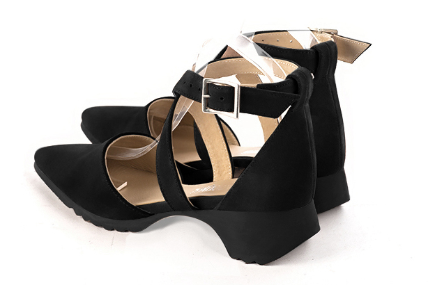 Matt black women's open side shoes, with crossed straps.. Rear view - Florence KOOIJMAN